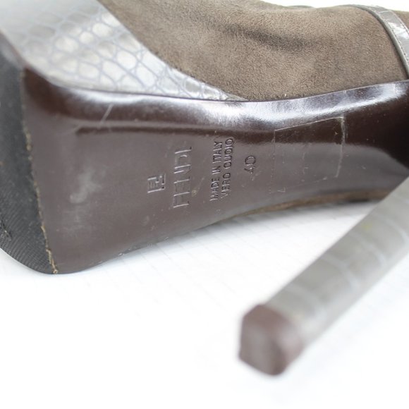 Fendi Olive Suede Croc Platform Pumps Sz 40 Ankle Strap Mary Jane Stiletto Heels - Picture 9 of 14